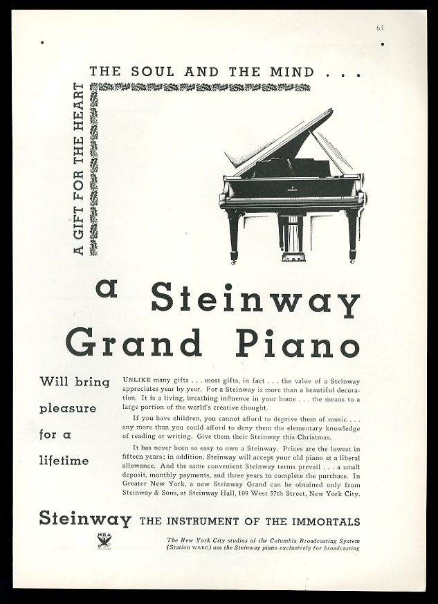 Steinway grand piano Instrument of the Immortals vintage print advertisement