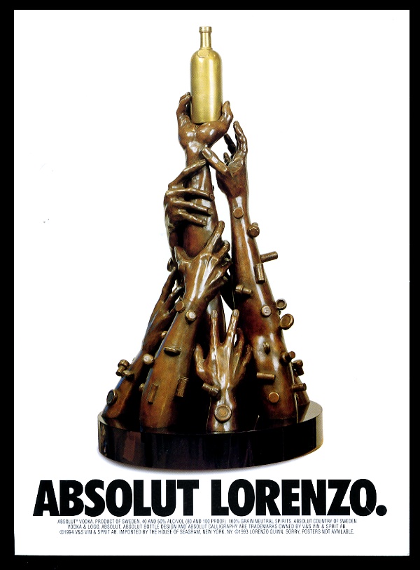 Absolut Lorenzo Quinn vodka bottle sculpture vintage print advertisement