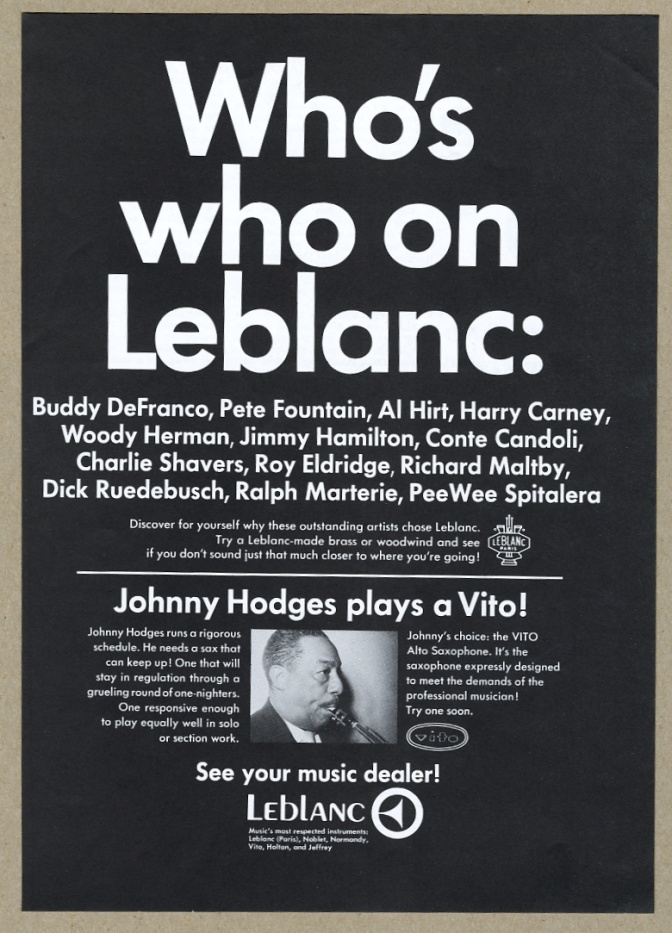 Johnny Hodges Leblanc Vito saxophone vintage print advertisement