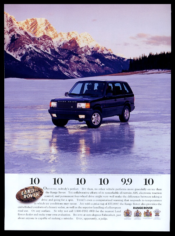 Land Rover Range Rover black SUV on lake ice vintage print advertisement