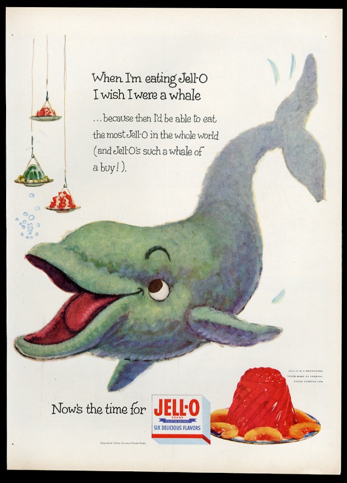 Jello Jell-O happy hungry whale art vintage print advertisement
