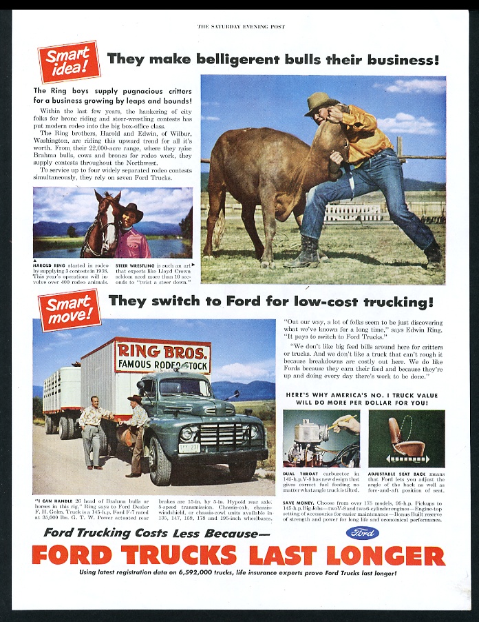 Ring Bros Wilbur Washington cowboy steer horse Ford truck print advertisement