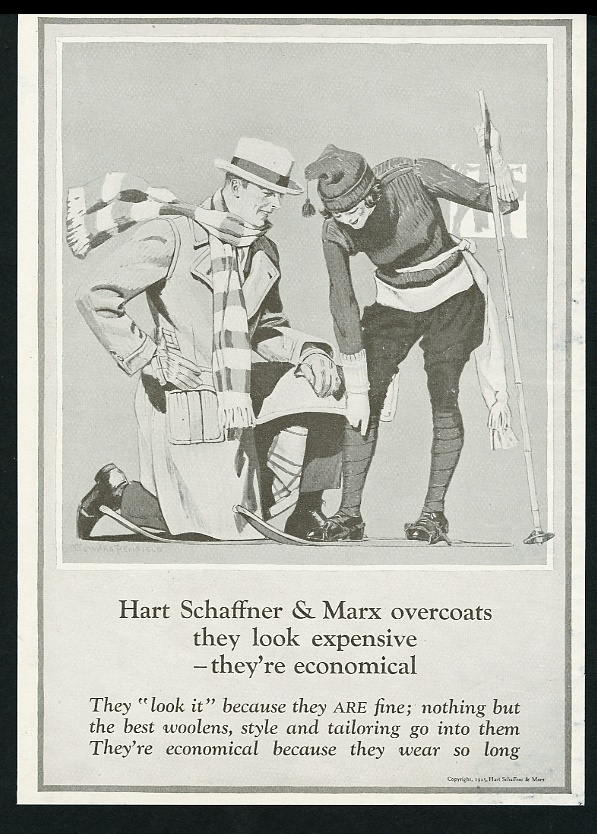 woman on skis handsome man art Hart Schaffner & Marx vintage print advertisement