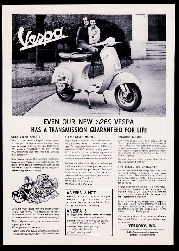 Vespa scooter moped and transmission diagram vintage print advertisement