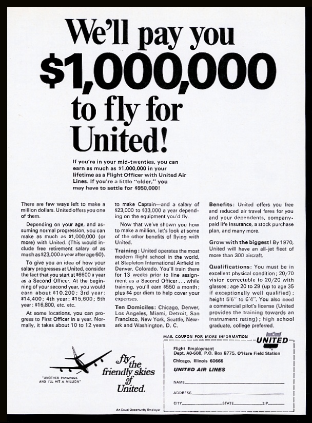 United Airlines pilot recruitment benefits and salary We'll Pay You $1M advertisement