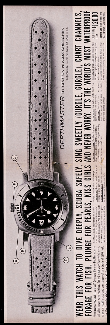 Croton Depthmaster scuba diving diver watch vintage print advertisement