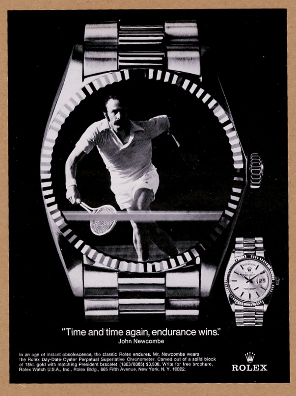 Rolex Day-Date President watch John Newcombe tennis vintage print advertisement