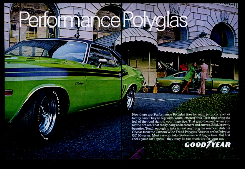 Dodge Challenger RT green car Goodyear tires vintage print advertisement