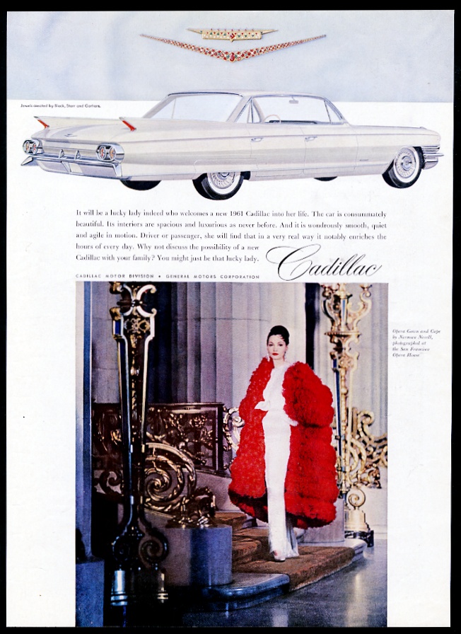 1961 Cadillac sedan white car woman San Francisco Opera vintage print advertisement