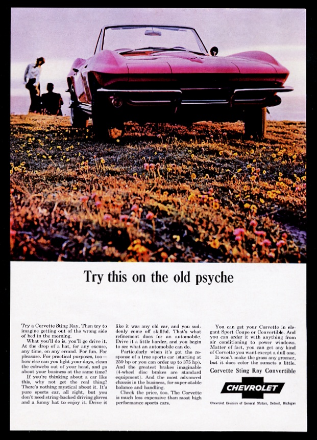 1965 Chevrolet Corvette red/purple convertible car vintage print advertisement