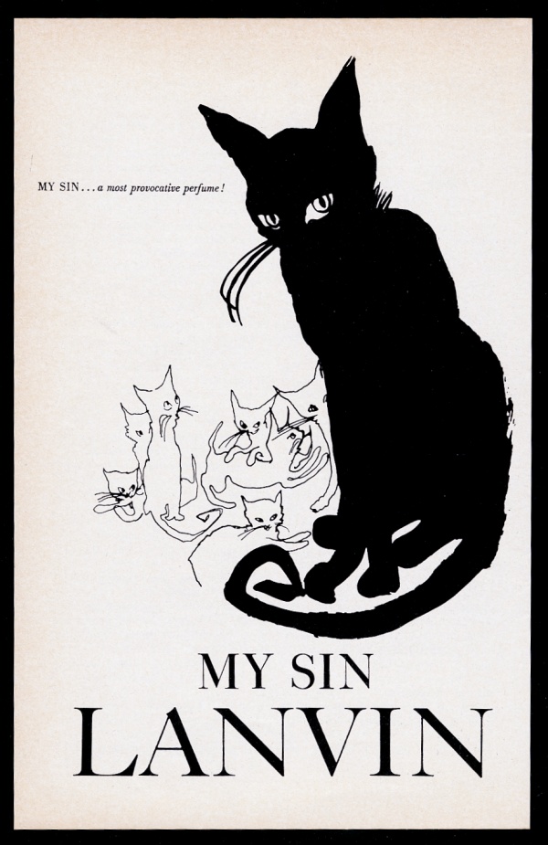 1960 black cat white kittens art Lanvin My Sin perfume vintage print advertisement