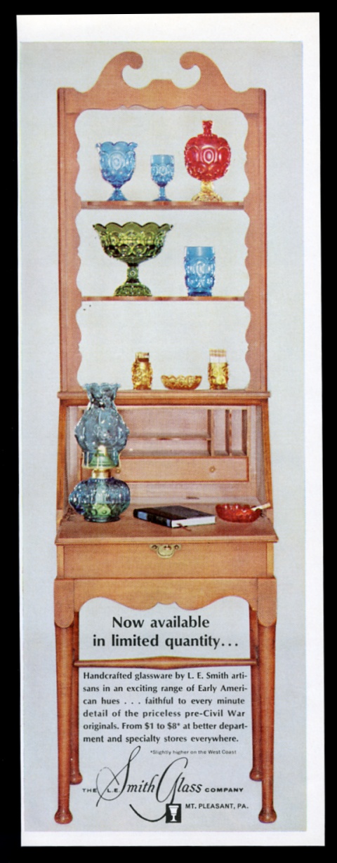 L.E. Smith Glass red vase blue goblet hurricane lamp gold green advertisement