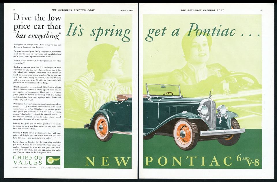 1932 Pontiac roadster cabriolet convertible green car BIG vintage print advertisement