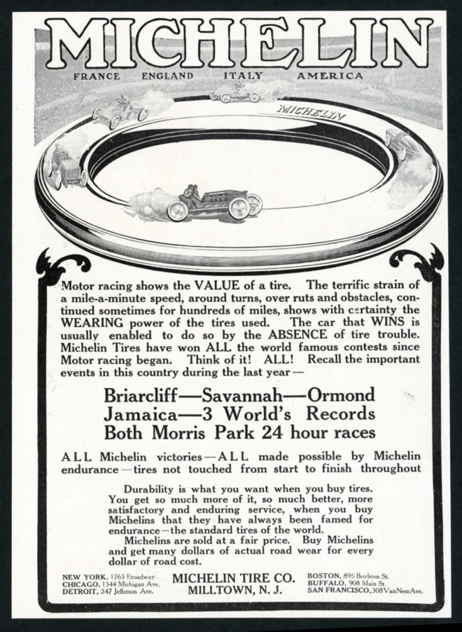 1908 Michelin tires racing race car art vintage print advertisement