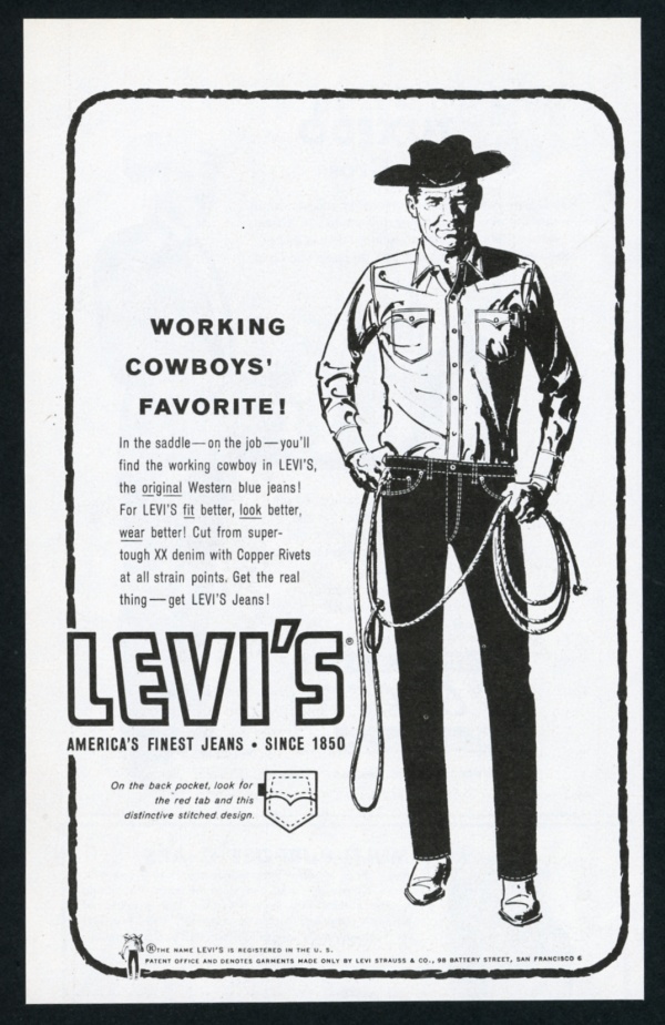 1962 Levi's blue jeans cowboy with rope art vintage print ad | eBay