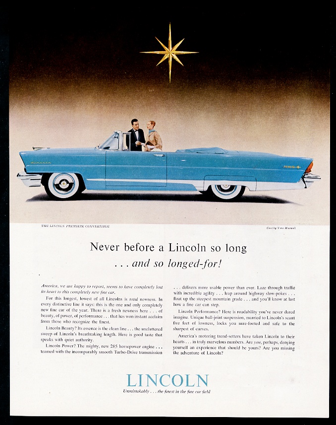 1956 Lincoln Premiere Convertible blue car vintage print advertisement