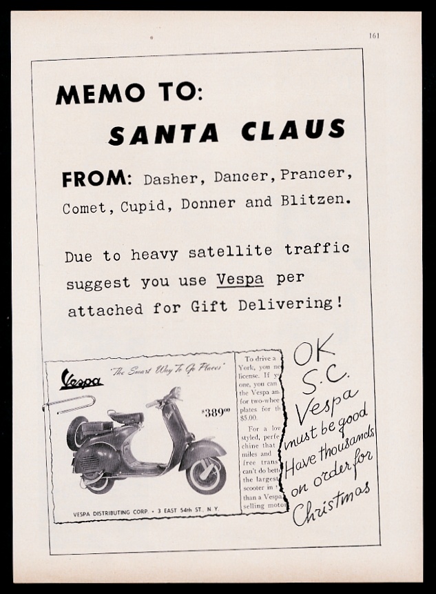 Vespa scooter moped Christmas vintage print advertisement