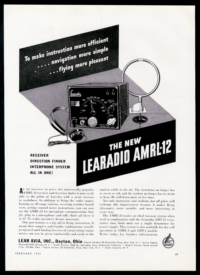 Lear Avia Learadio Amrl-12 radio receiver plane direction finder print advertisement