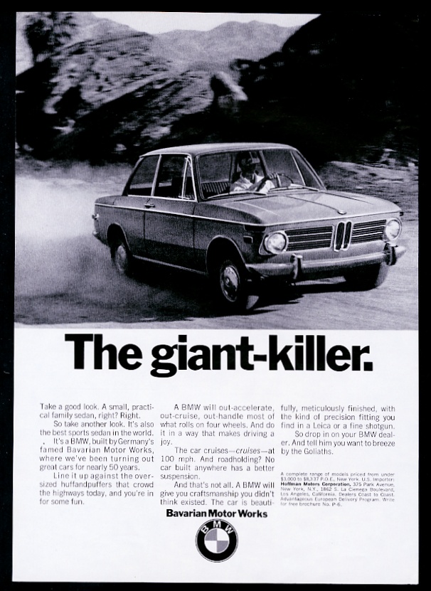 1970 BMW 2002 car The Giant Killer vintage print advertisement